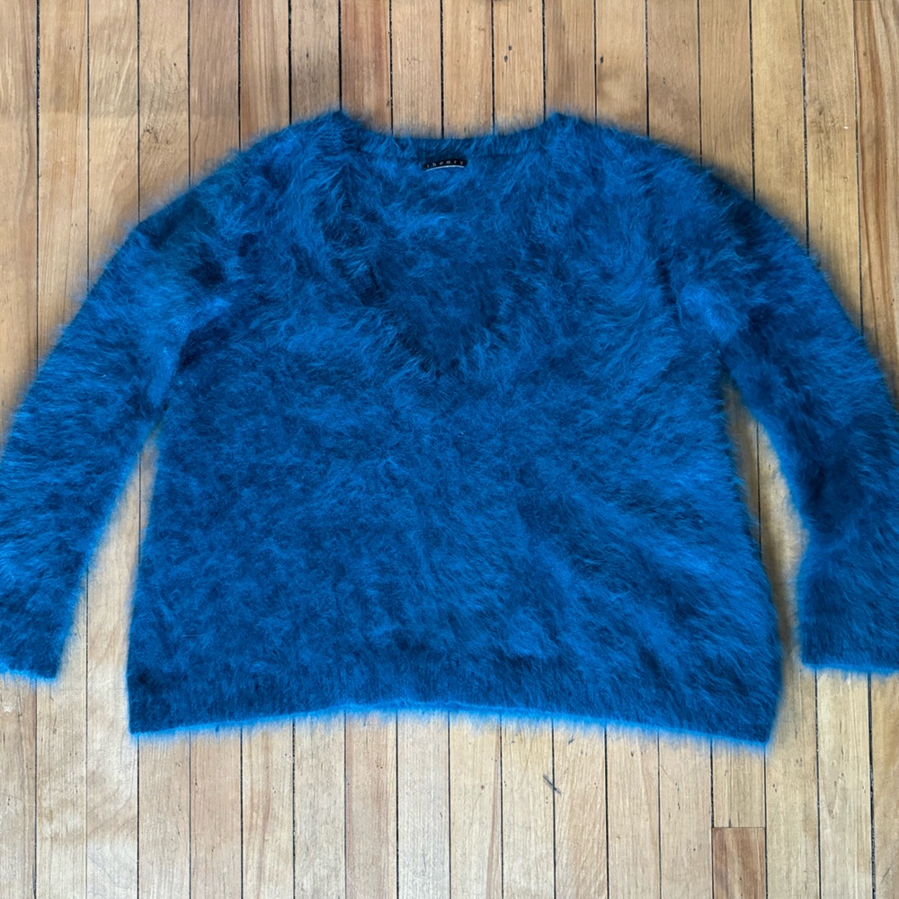 Theory Angora blend blue green v-neck sweater long sleeve fuzzy women’s small - Picture 8 of 9
